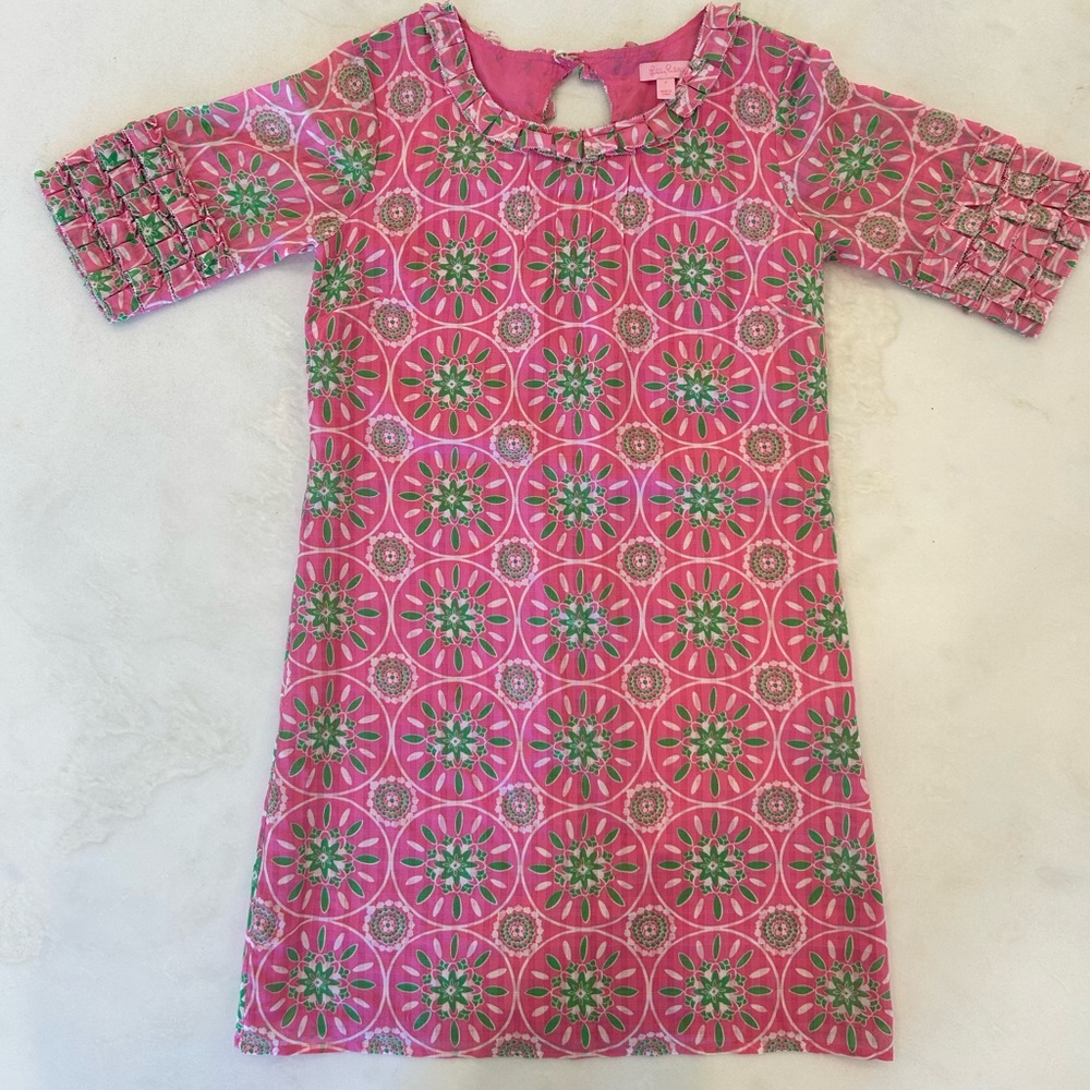 Lilly Pulitzer silk ruffle shift dress sz 2 pink green